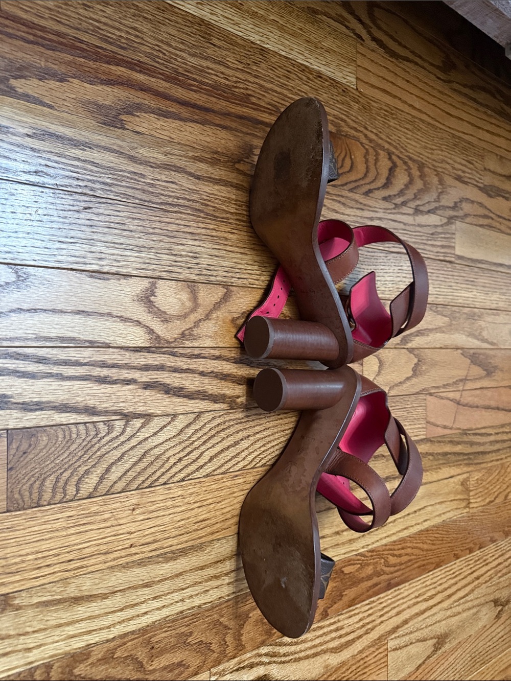 Louis Vuitton Brown Monogram Leather Heeled Sandals with Pink Lining - Picture 3 of 5